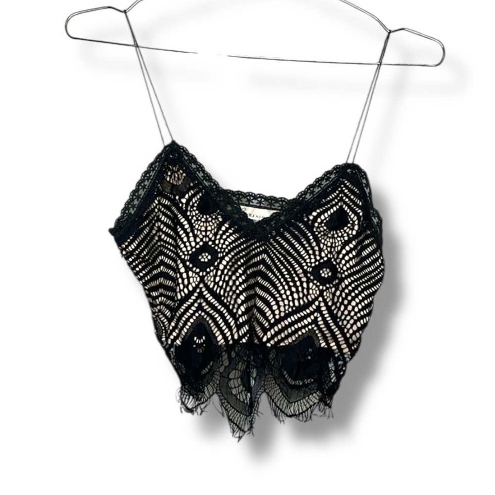 Lovers + Friends Black Lace Cami Crop Top Scalloped Eyelash Trim